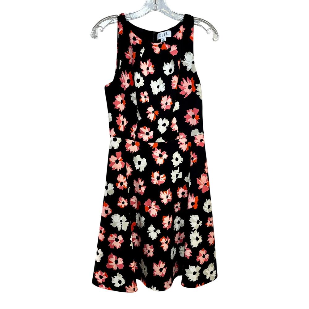 Elle Sleeveless A-line Dress Women's Small Black Pink Floral Knee Length Lined